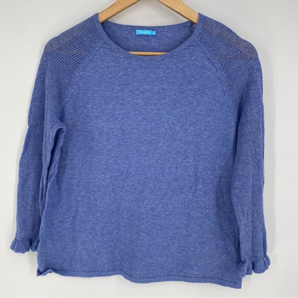 J. McLaughlin Women Cornflower Blue Cotton Sweater Ruffle Edge Crochet Sleeve M‎